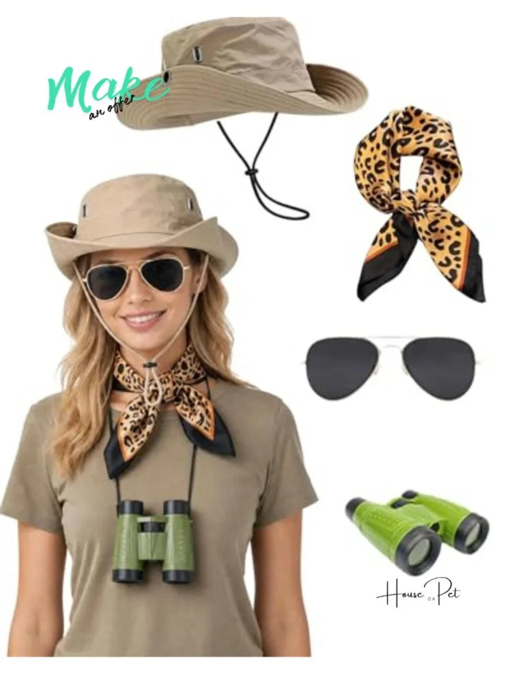 4-Piece Safari Costume Kit Sun Bucket Hat Leopard Scarf Binoculars Cosplay